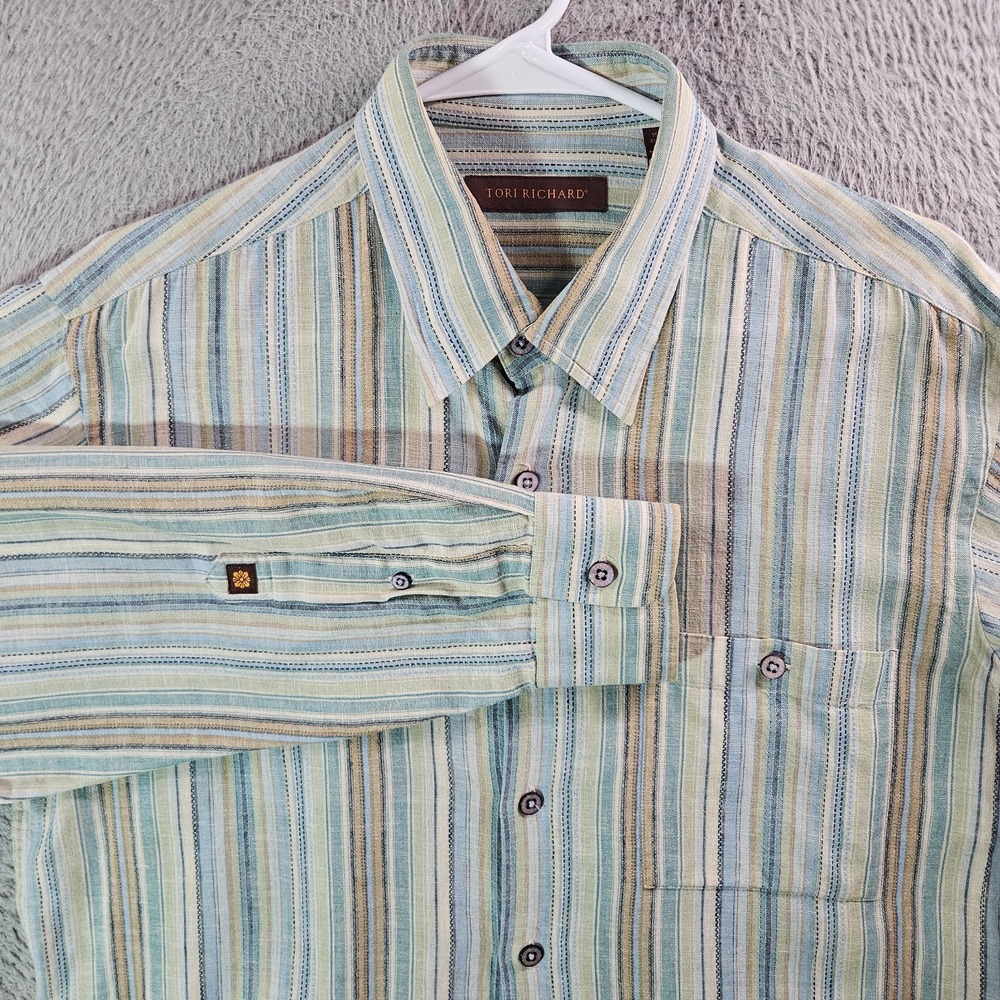 Tori Richard Shirt Men Medium Linen Cotton Button Up Long‎ Sleeve Green Striped